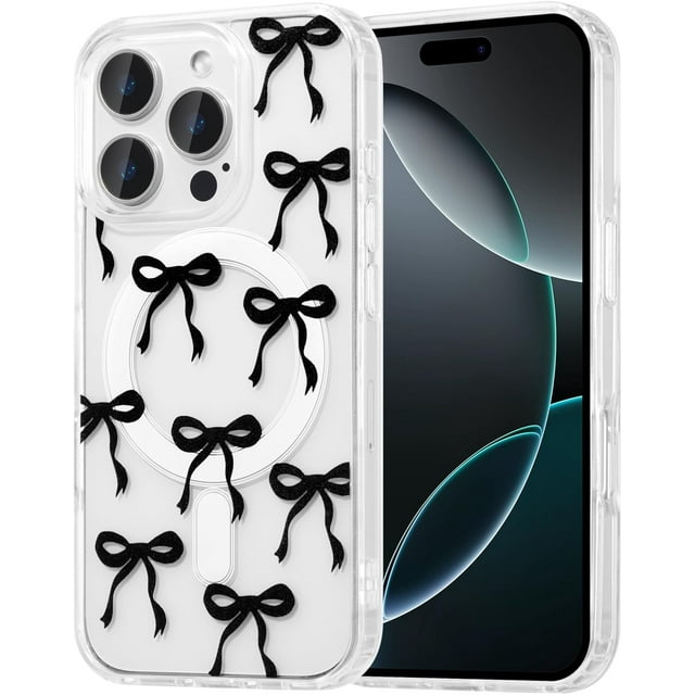 WWS-Magnetic for iPhone 12 Pro Max Case, Bow Case Compatible with MagSafe, Wireless Slim Clear Ribbon Aesthetic Phone Cover Anti-Yellowing Shockproof Protective Cover for Women Girl - Black