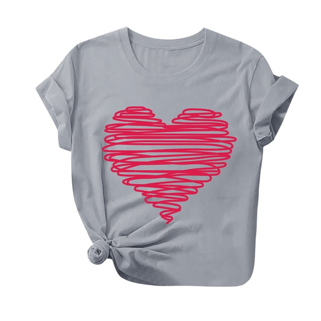 Besolor T-Shirt de la Saint-Valentin pour Femmes, Mode Imprimé Cœur, Manches Courtes, Col Rond