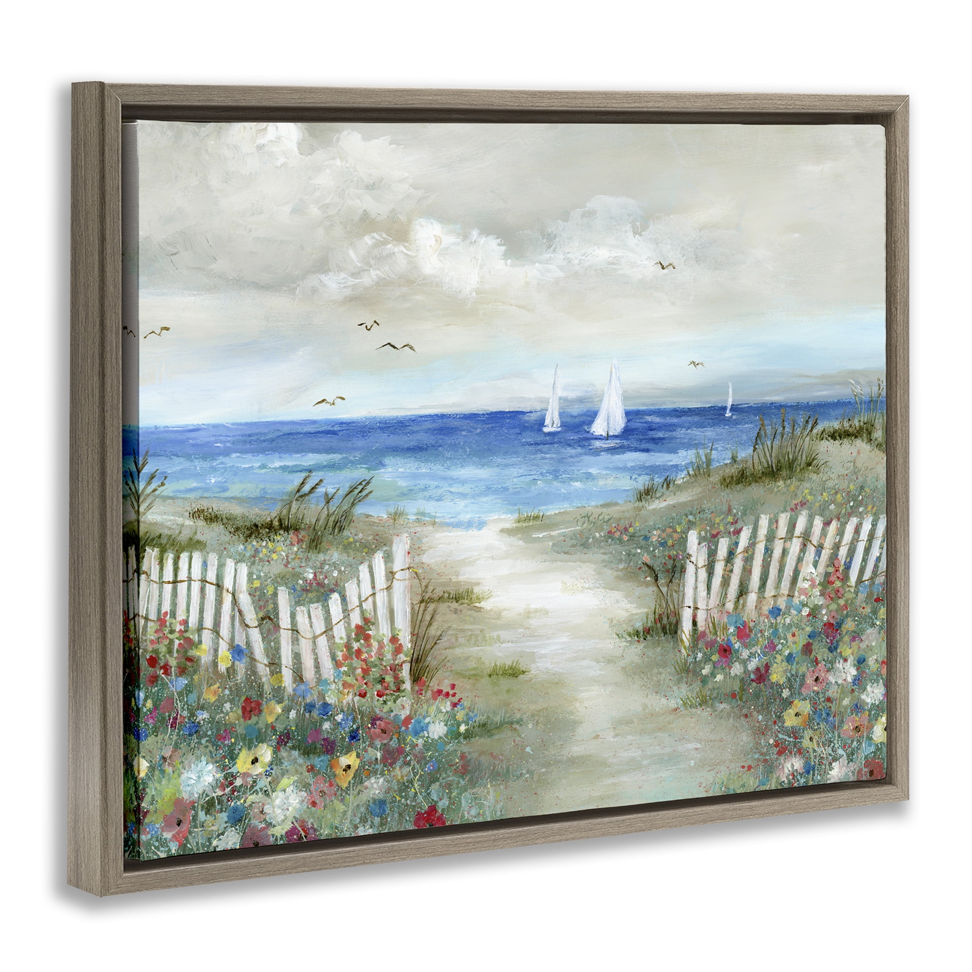 Stupell Industries Gorgeous Traditional Beach Scene Nature Painting Brown Floater Framed Canvas Art Print Wall Art, 21 x 17