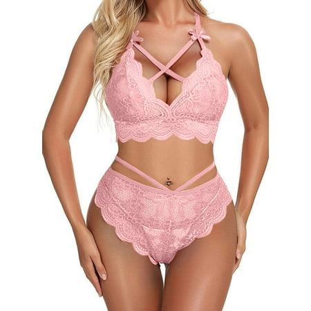 

Sherrylily Women Underwear Pajamas Suits Bowknot Decor Two Pieces Bra Top and G Briefs