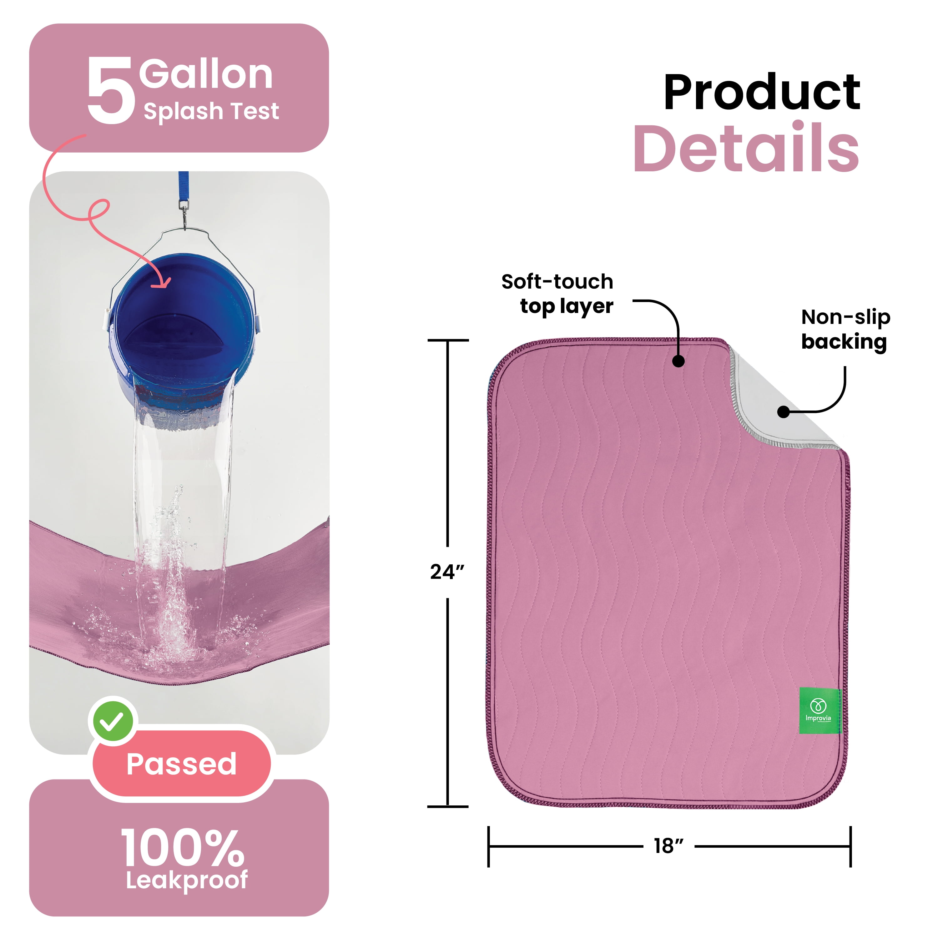 Improvia Washable Bed Pads for Incontinence, Waterproof Reusable, 18 x 24 in, 4-Pack (Pink & White)