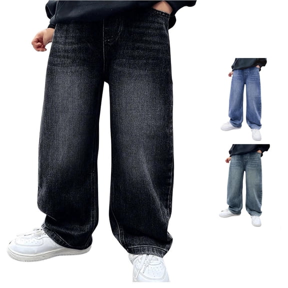 FYDUU Boys Jeans Wide Leg Denim Pants Elastic Waist Loose Fit Casual Trousers for Kids Preppy Washed Baggy Jeans Fashion School Wear Trendy Trousers 13-14 Years