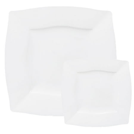 TTG 75-Piece Plastic Dinnerware Set | Square Waves Collection | (25) Dinner Plates, (25) Salad Plates & (25) Bowls| Heavy Duty Premium Plastic Plates for Wedding, Parties, Camping & More (Ivory)