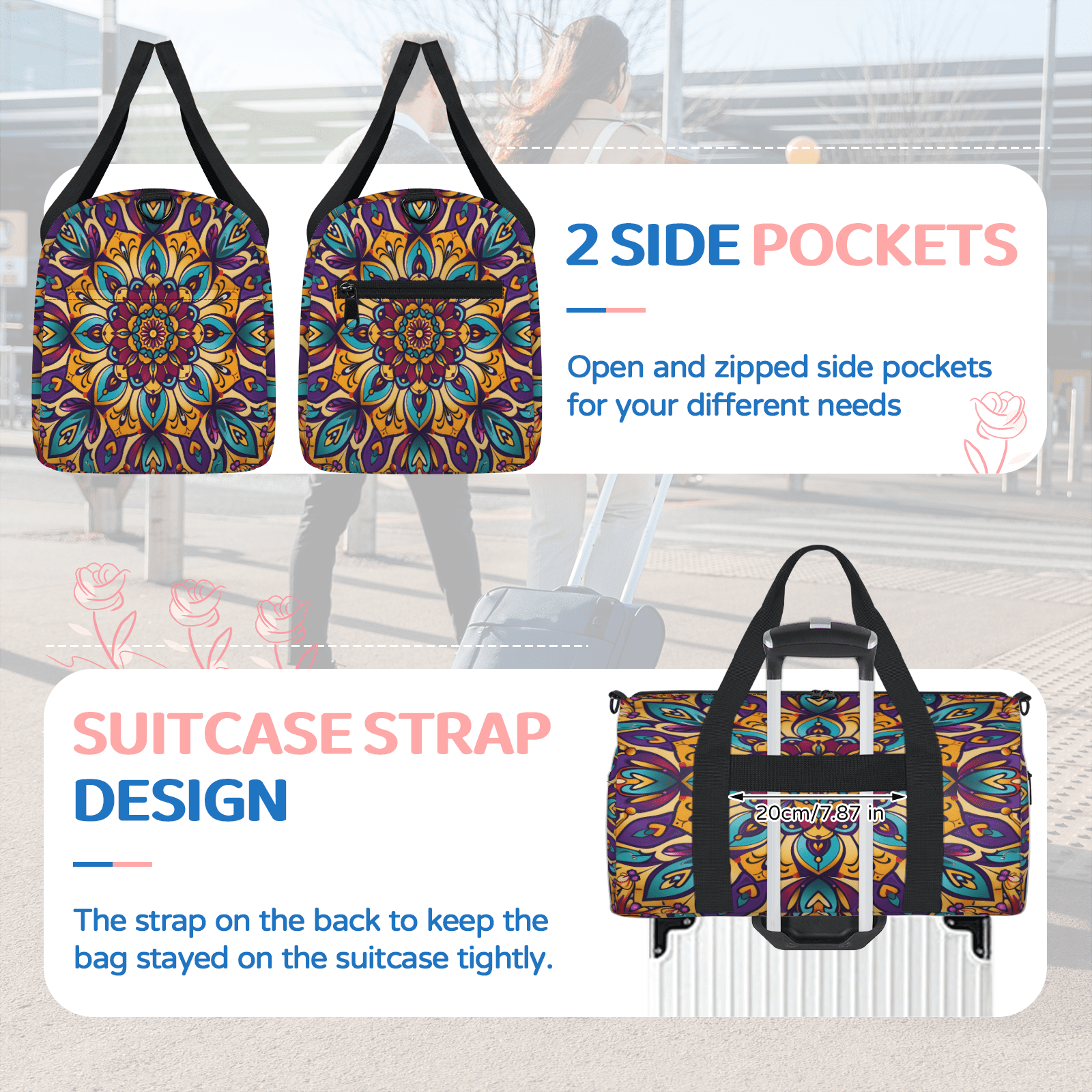 Herdesigns Floral Mandala Gym Bag for Women, Duffle Bag for Travel Sport, Lightweight Waterproof Carry on Weekender Overnight Dance Yoga Workout Bags