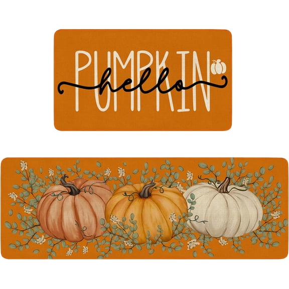 Fall Kitchen Rugs Set,Pumpkin Kitchen Mats for Floor,Thanksgiving Kitchen Decor,Fall Decorations for Home,17x30 inch Doormat 17x47 inch Runner Rug Orange