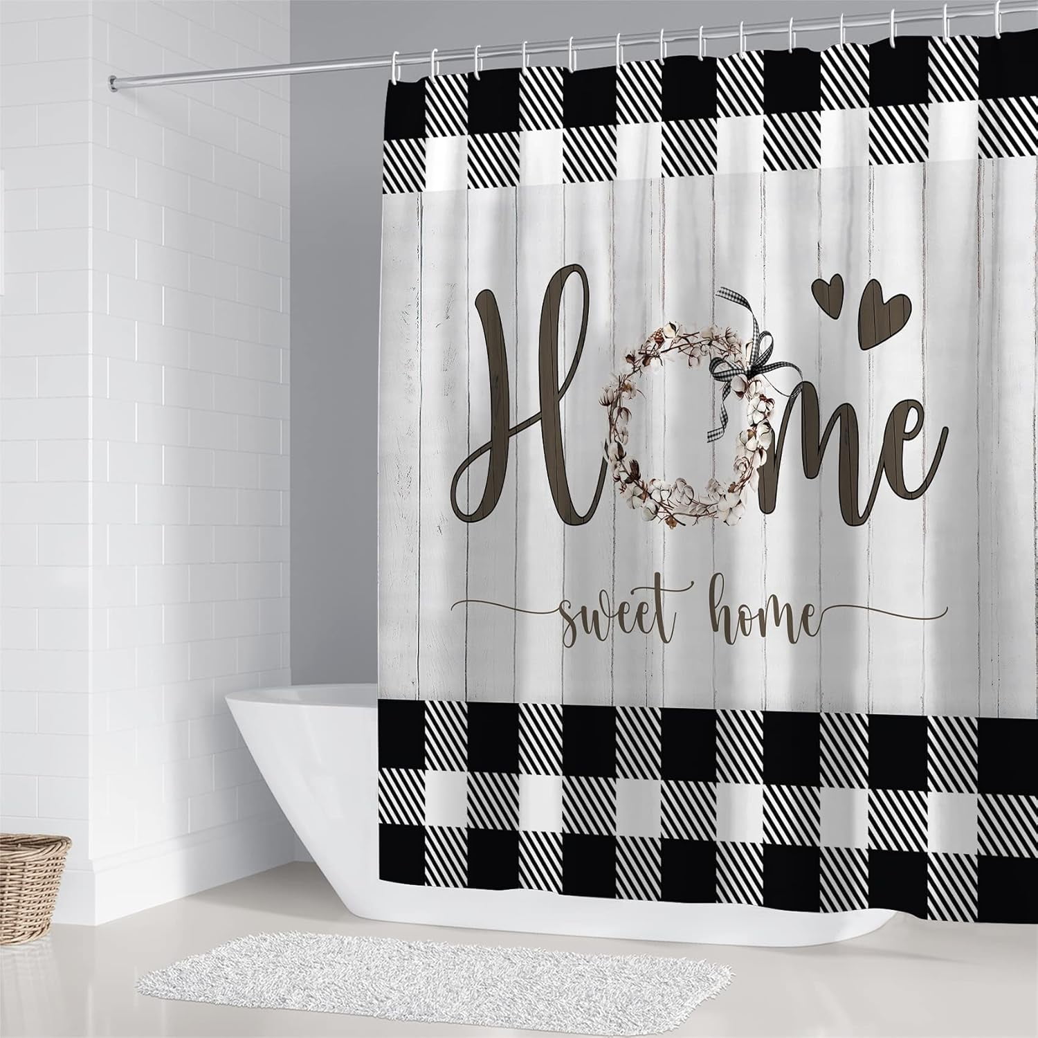 Black and White Shower Curtain Set Home Sweet Home Bathroom Sets with Rugs,Rustic Plaid Bathroom Shower Curtain Set with Carpet Bath Mat Toilet Rugs