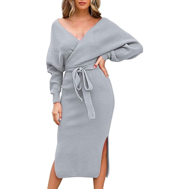 Vestido elegante de punto para mujer, cuello en V, manga larga y cinturón