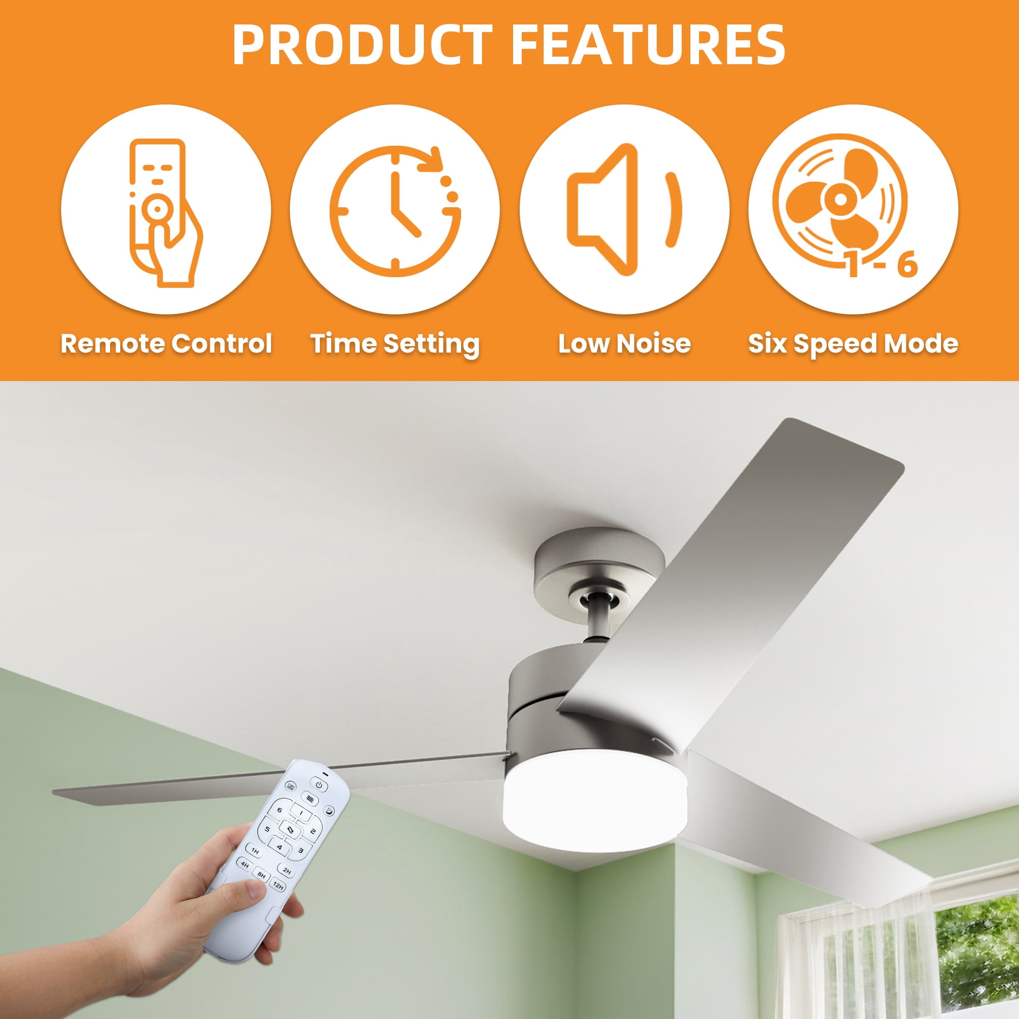 Craftian 52" Modern Ceiling Fan with LED Light and Dimmable Remote,6-Speed Reversible DC Motor, 3-Blade Timing Industrial Ceiling Fan for Living Room, Bedroom, and Outdoor Terraces, Silver