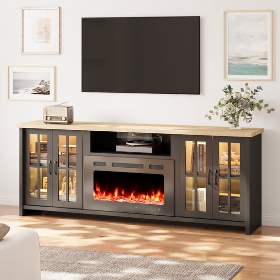 78" Fireplace Tv Stand With Electric Fireplace For Tvs Up To 90", Farmhouse Tv Stand With Large Storage Space, Led Lights & Adjustable Shelves, Entertainment Center For Living Room Black/ White