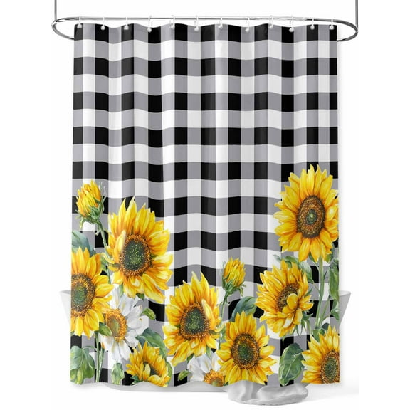 Shower Curtain Sunflower Bathroom Curtains with Hooks, Waterproof Fabric Floral Black Buffalo Plaid Bath Shower Curtains Set for Bathroom Bathtubs Decor 36x72 Inch