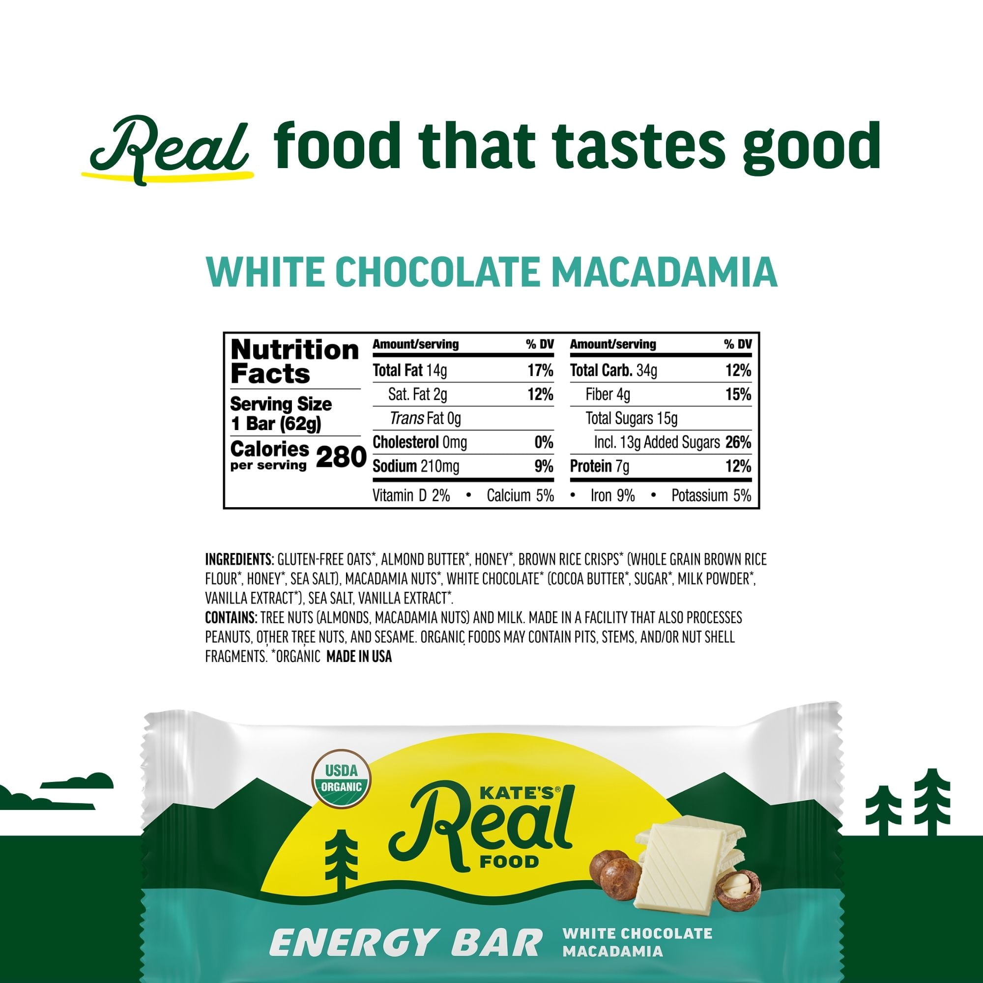 Kate’s Real Food Organic Granola White Chocolate Macadamia Nut All Natural Energy Bars - Non GMO, Soy Free, Whole Grain, and Made with Gluten Free Oats - 24 count
