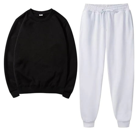 2PCS Outfits Men s And Women s Sports Tracksuits Long Sleeve Crewneck Solid Color Pullover Hoodless Sweatshirt And Sweatpants Fall Winter Suit Black XXL
