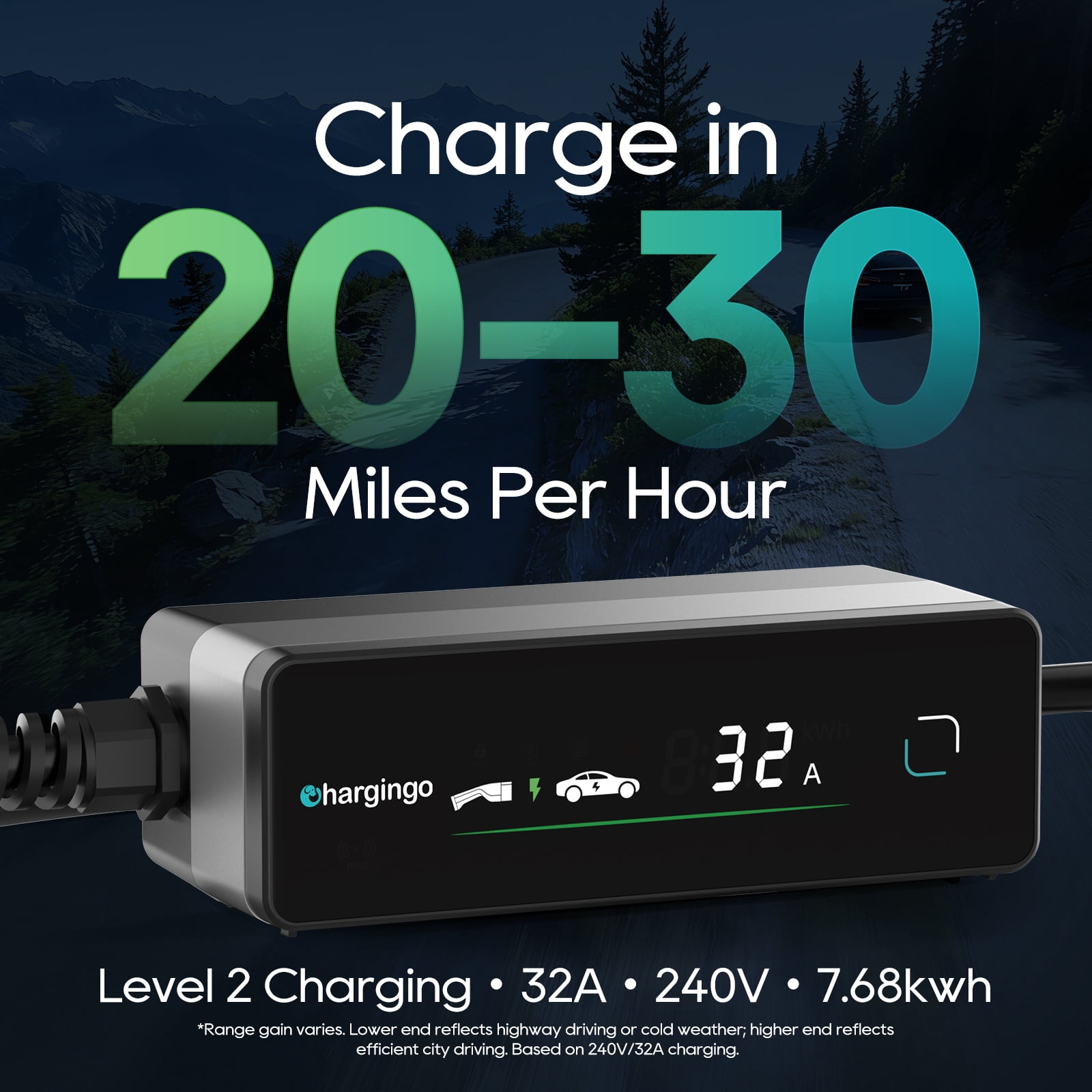 TOPDC Level 2 EV Portable Charger for Tesla, 32A 240V, Nema 14-50, Nacs Connector, 25ft Cable, Adjustable 16-32A, ETL Certified, Lcd Display, Plug-and-Play