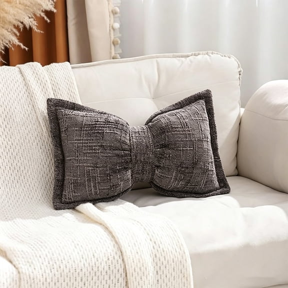Sofa Waist Pillow 19.6x11.8in – 3D Bow Shaped, Scandinavian Design Decorative Cushion for Couch Bed, Soft Velvet Textured, Dark Gray, Thickened Fabric
