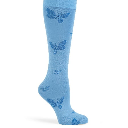 Butterfly Compression Knee High Socks For Women - Promotes better Circulation, Eases Leg Strain, Swelling, Fits Women's Shoe Sizes 9-11, Light Blue  - Made in the USA