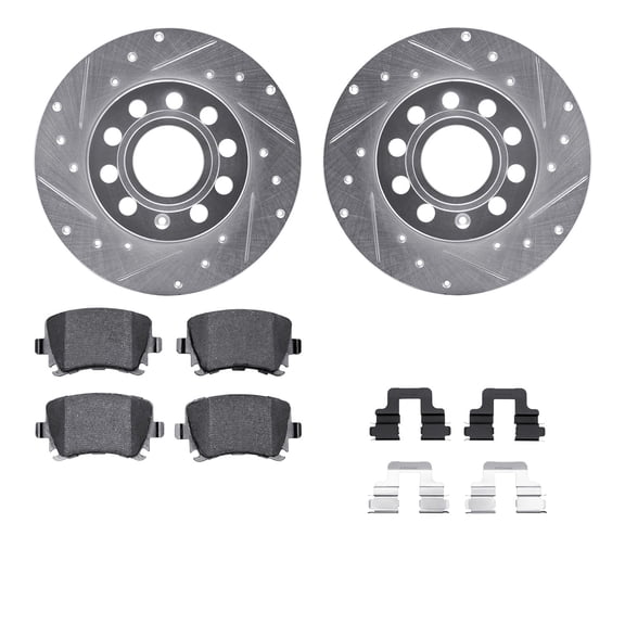 Dynamic Friction Company Rear Brake Rotors-Drilled and Slotted-Silver with 5000 Advanced Brake Pads includes Hardware 7512-74052