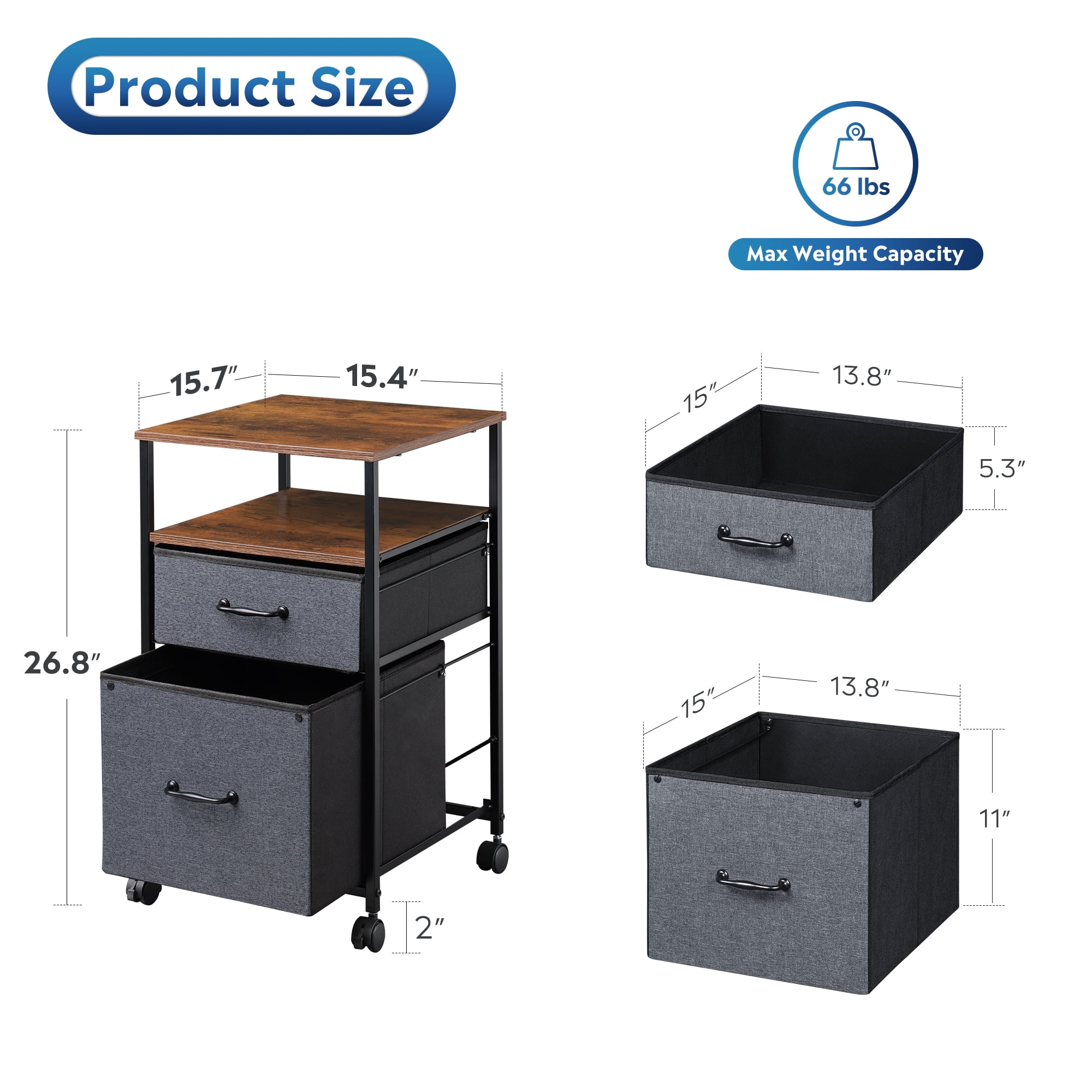 GALAXHERO 2 Drawer File Cabinets, Mobile Printer Stand with Storage Shelf for Home/Office/A4 /Letter, Rustic Brown