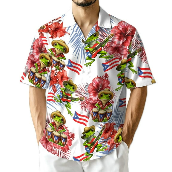 Netecom Tropical Puerto Rico Coqui Hibiscus Hawaiian Shirt for Men, Floral Animal Button Down Summer Beach Shirts, S-5XL