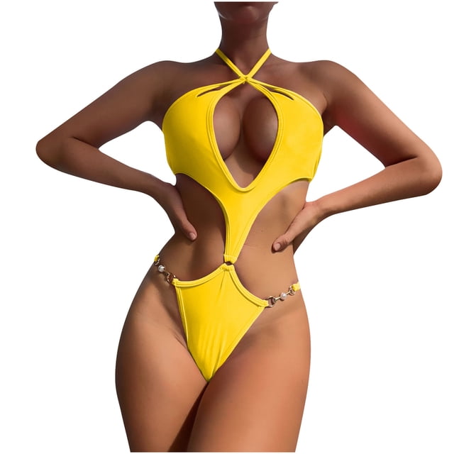 Conjunto de ropa de baño de Color sólido con cintura Halter calada y cómoda para mujer OAVQHLG3B Store lin121212
