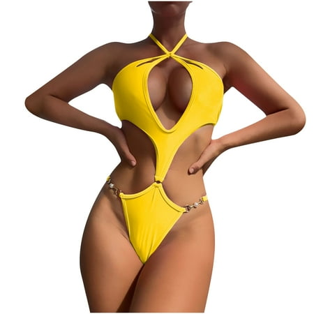 

Tawop Plus Size Swimsuit For Women Tankini Fashion Women Sexy Solid Waist Push Up Hollow One Piece Beach Bikini Swimsuit Yellow Size 10