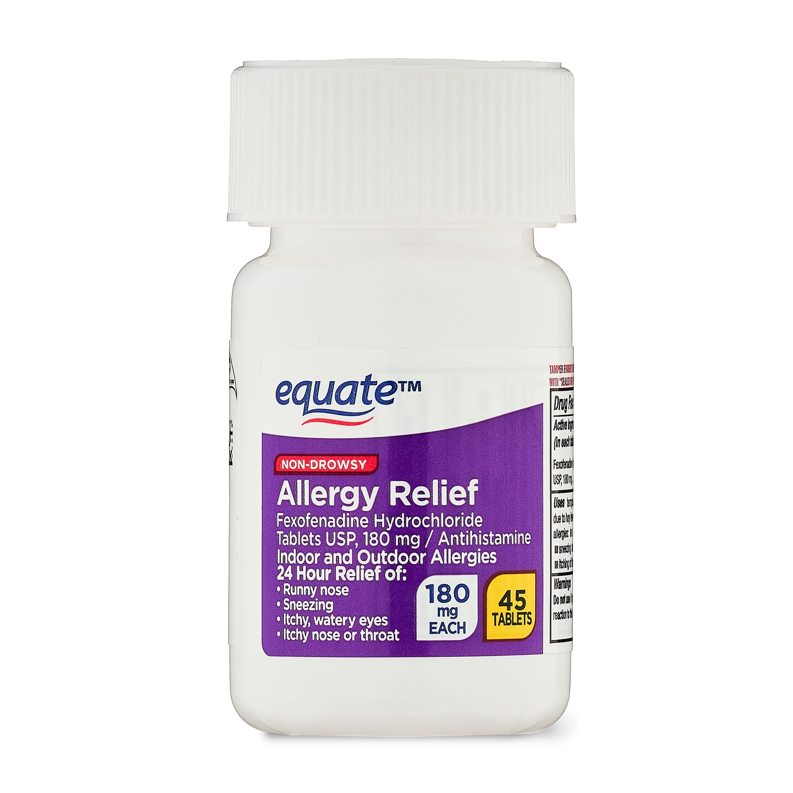 (3 pack) Equate Fexofenadine Hydrochloride USP Non-Drowsy Allergy Relief Tablets, 180 mg, 45 Count
