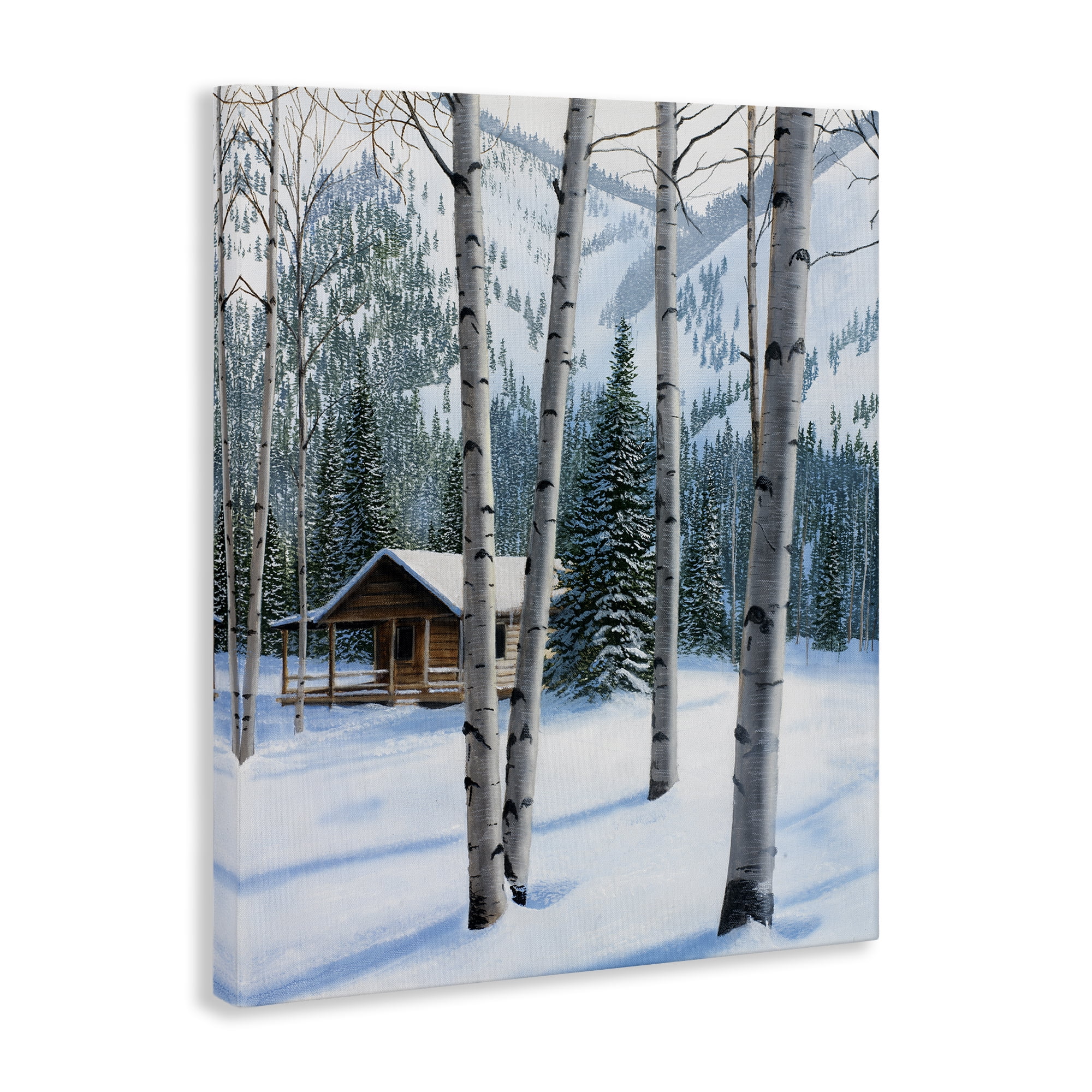 Stupell Industries Snowy Cabin Through Birch Landscape Painting Gallery Wrapped Canvas Art Prints Wall Art, 16 x 20