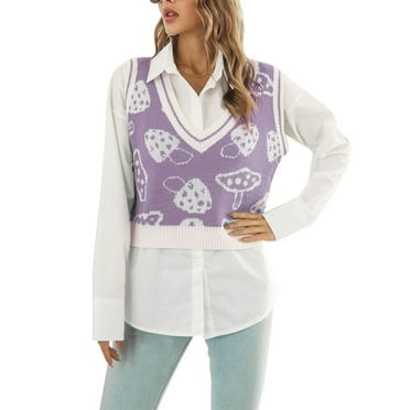 Mushroom Crop Sweater Vest Cute V Neck Warm Trendy Women's Casual Sweater Vest for Working Purple S