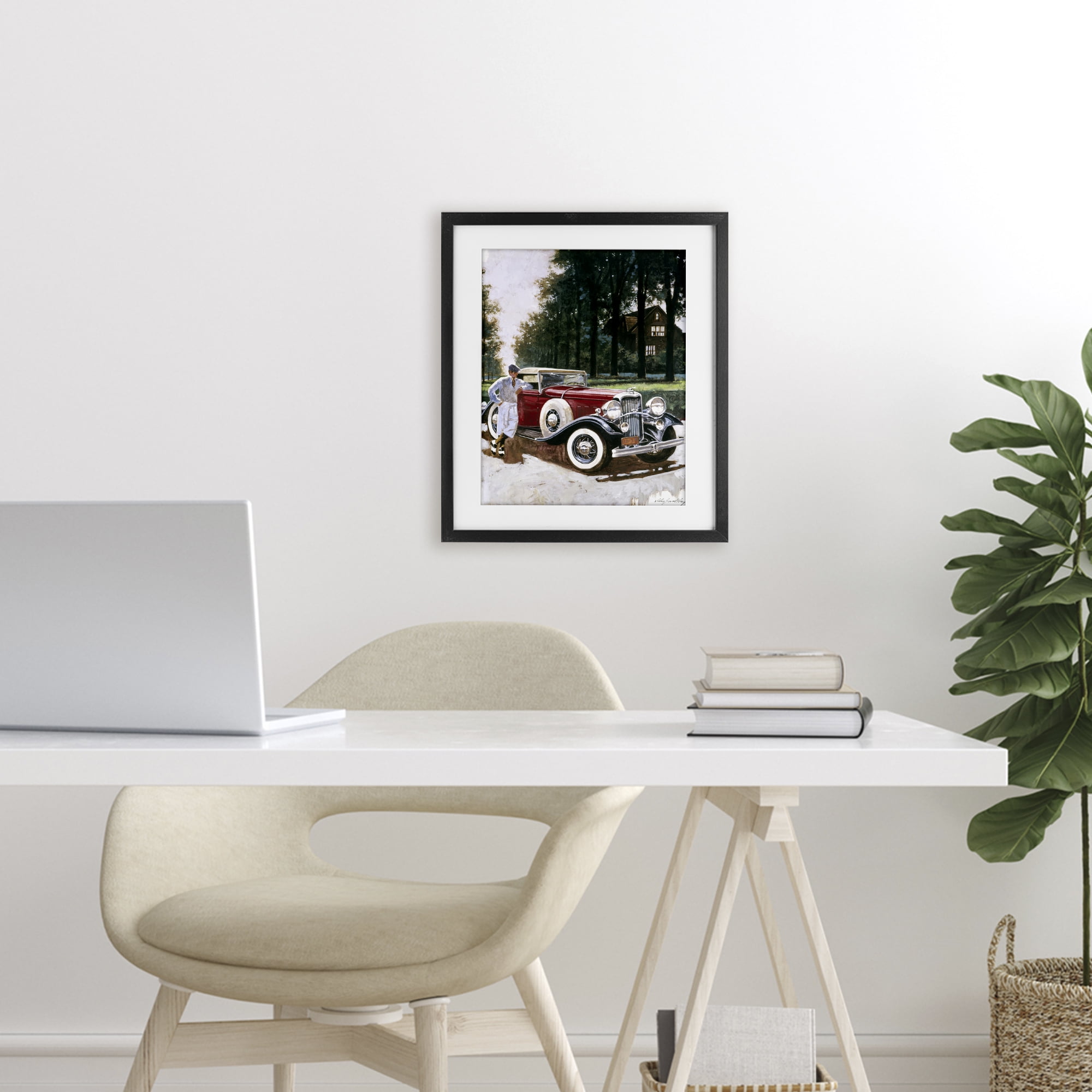 Retro Convertible Coupe & Driver Black Framed Print Under Glass, design by Wind River Studios