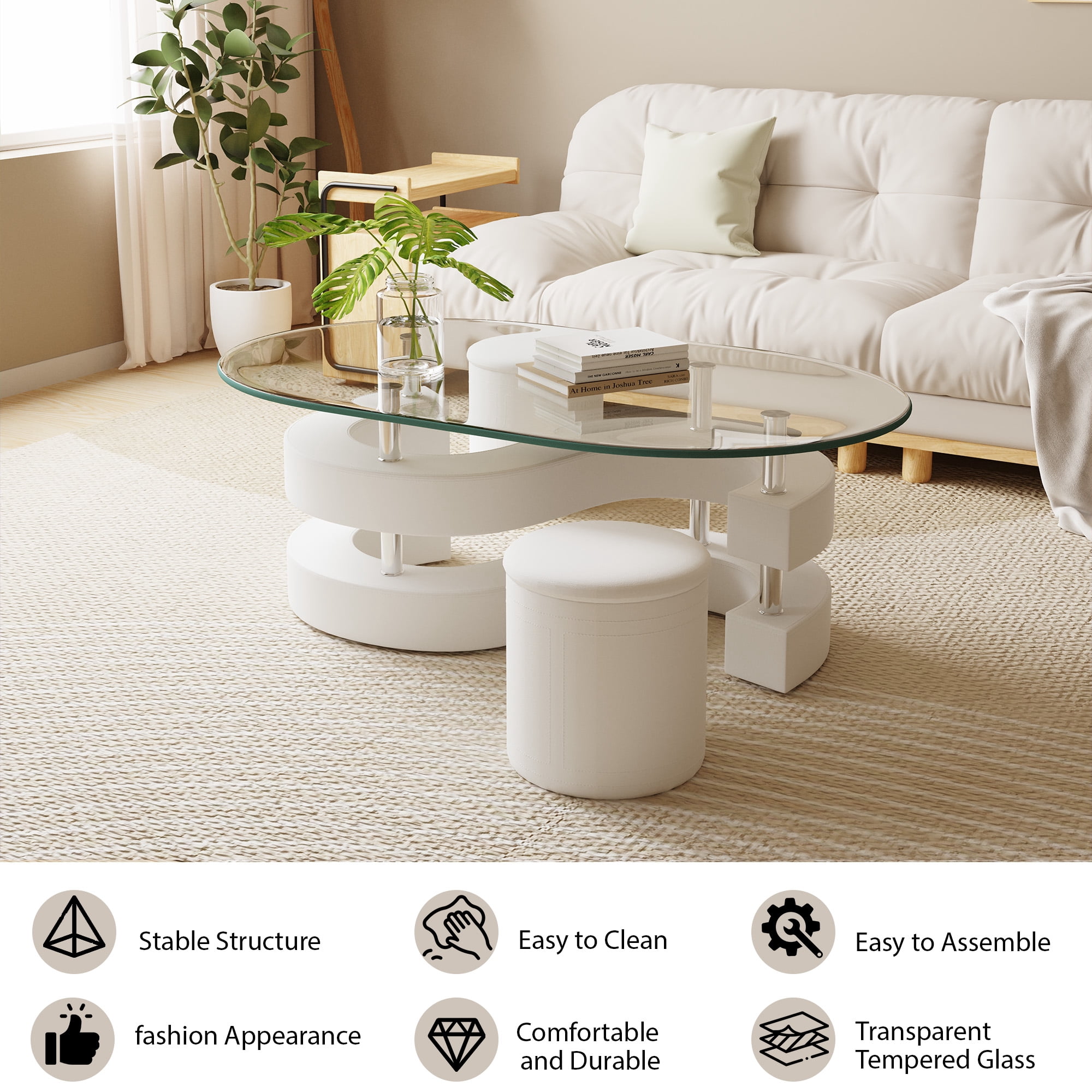 3 Pieces Coffee Table Set, 0.39" Tempered Glass Top and S Shape Base, Oval Modern Coffee Table with 2 Leather Stools, Accent Coffee Table for Living Room Bedroom