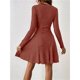 thumbnail image 4 of Vestido Corto de Punto Acanalado de Larga para Mujer, Otoño e Invierno, Cuello en V, Informal, Corte A Rojo Ladrillo M, 4 of 7