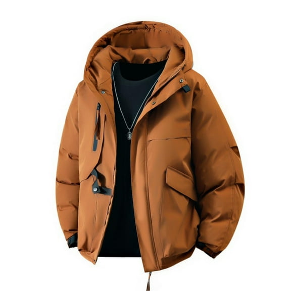 Men's Windproof Jackets Hooded Full Zipper Parkas Thickened Warm Winter Coats Insulated Coat Coffee L