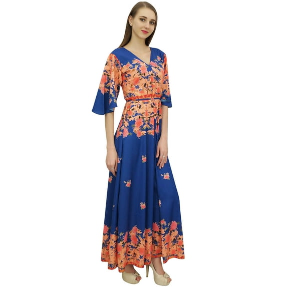 Bimba Women's Casual Floral Digital Printed Blue Long Moss Georgette Dress-22