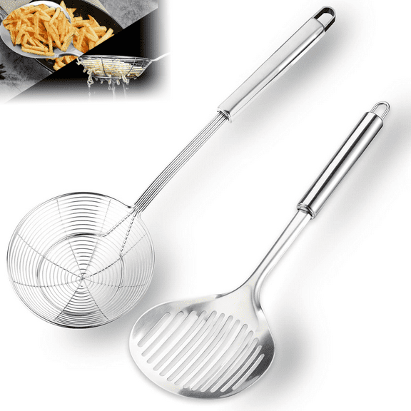2pcs Kitchen Utensils Set Stainless Steel Spider Strainer Skimmer Spoon Slotted Spoon Cooking Utensils Set for Cooking &Frying