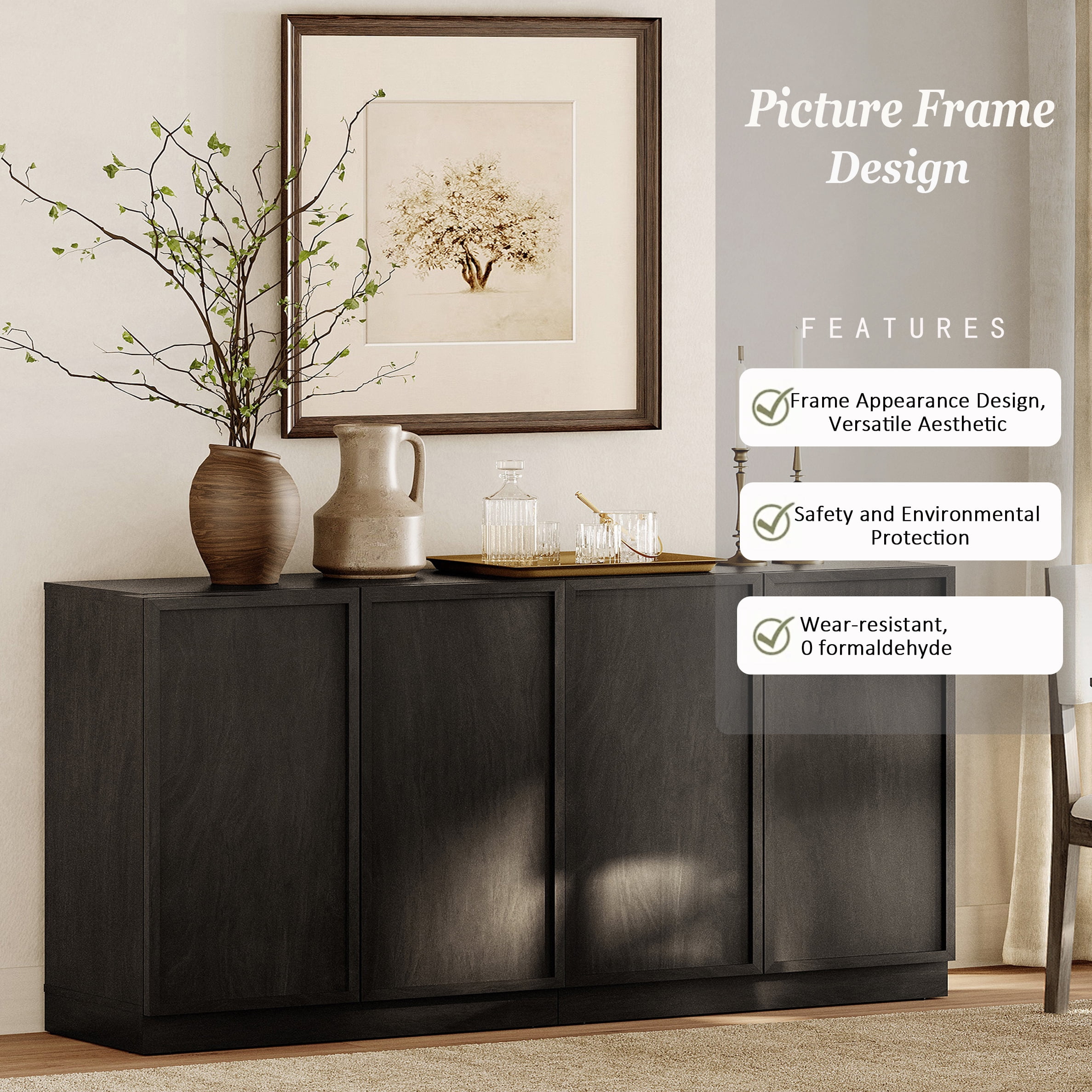 WAMPAT Modern TV Stand for TVs Up to 70", 2-in-1 Entertainment Center TV Console with 4 Doors and Adjustable Shelf, Wooden Media Console Cabinet for Living Room, Bedroom, Black