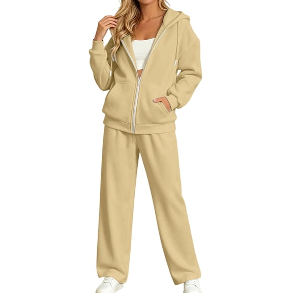 YHCY 2 Piece Zip Up Sweatsuits for Women Basic Long Sleeve Hooded Sweatshirt Long Straight Wide Leg Sweatpant Casual Comfy Soft Suits Plus Size Fall Trendy Sets Lounge Travel Tracksuits Beige L