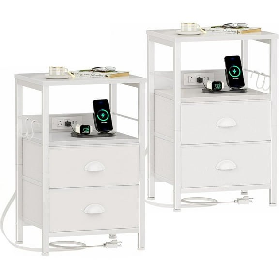 Nightstands Set of 2, Night Stands with Charging Station, Side Tables with 2 Fabric Drawers, End Tables with Storage Shelves, for Bedroom, White