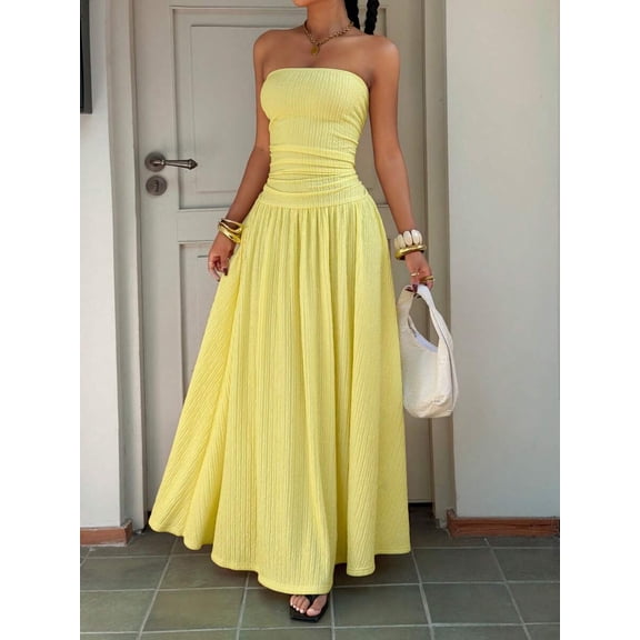 Pale Yellow Strapless Smocked Waist Ribbed Maxi Dress With Flowy Pleated Skirt Elegant Formal Party Gown
