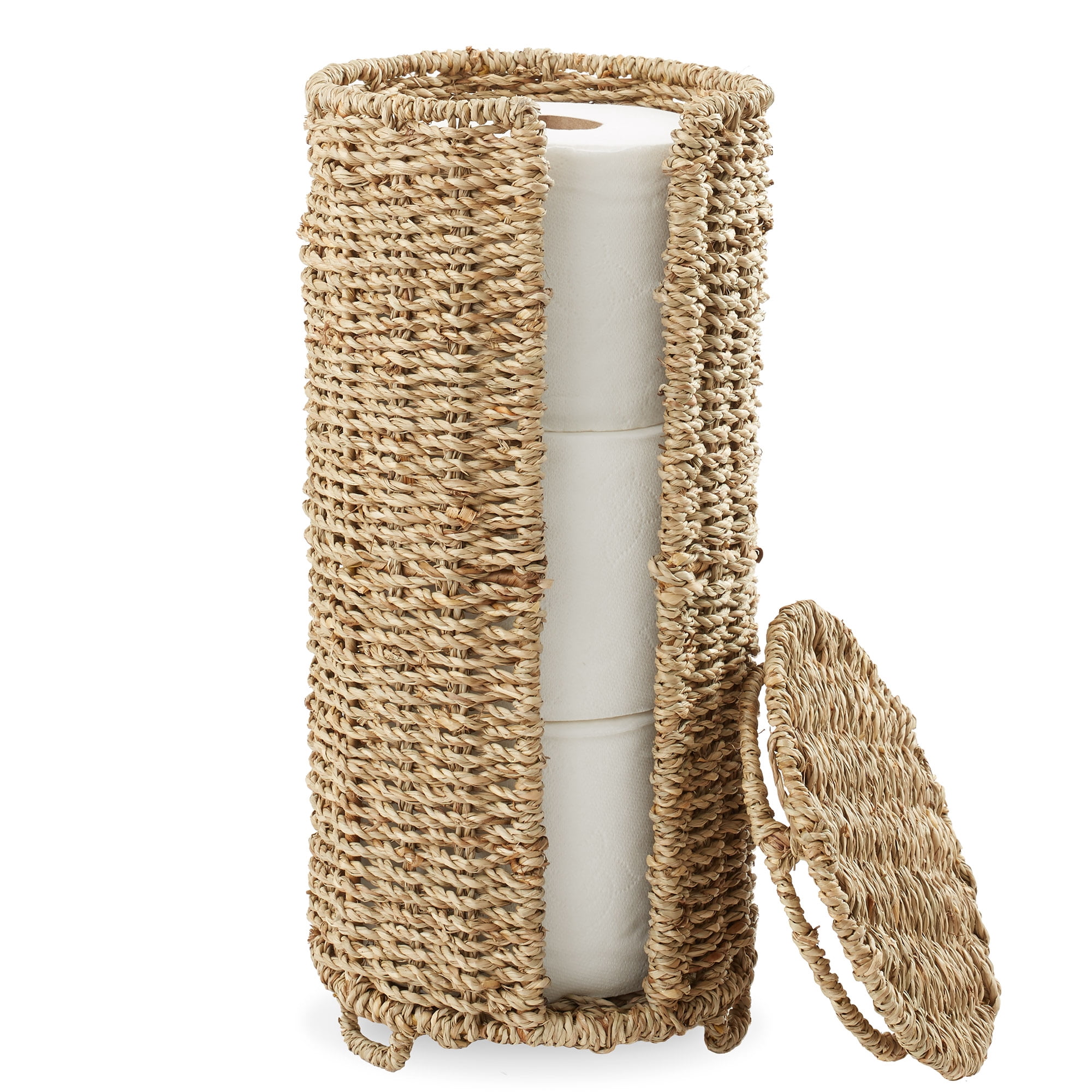 Casafield Toilet Paper Roll Holder with Lid - Natural, Fits 3 Rolls, Free Standing Seagrass Bath Tissue Storage Organizer for Bathroom