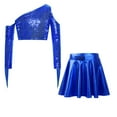 thumbnail image 5 of TSSOE Kids Girls 2 Piece Sequin Jazz Dance Outfit Long Sleeve Metallic Fringed Crop Top and Mini Pleated Skirts Set Royal Blue 16, 5 of 7