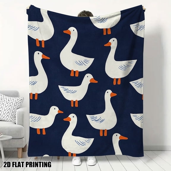 Ultra-Soft Goose Parade Print Flannel Throw Blanket - Cozy Multi-Purpose Twin Size Blanket for Bed, Couch, Chair, Office, and Camping - Vibrant White Goose Design with Orange Accents, All-Season