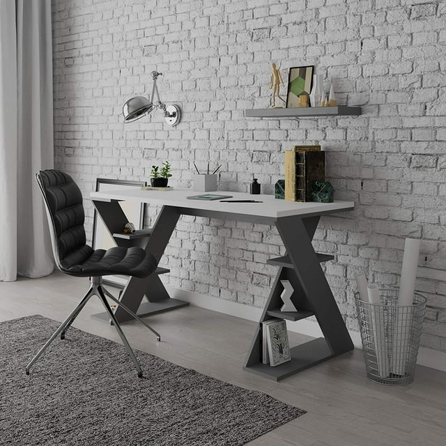 JV Home Papillon Collection Bureau de 55 Pouces Long pour Bureau à Domicile pour Étude, Travail, Portable, Table d'Écriture, Poste de Travail Gris Foncé - Blanc