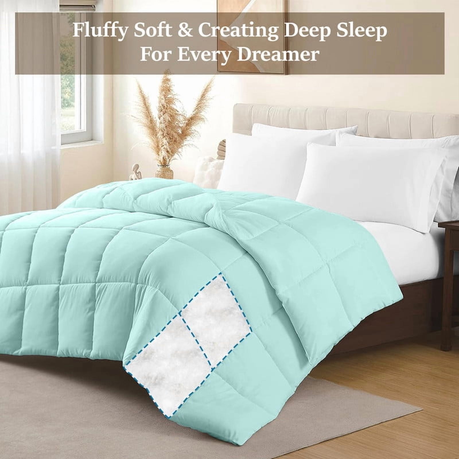 100% Cotton All-Season Comforter - Box Stitched Comforter - Bedding with Corner Tabs Machine Washable Lightweight Color Aqua-Blue Solid Pattern Size Queen (90"x 90")