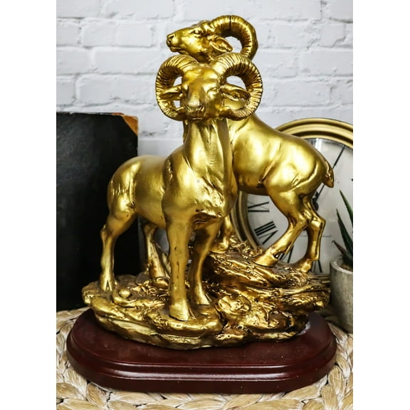 Rustic Country Bighorn Sheep Ram Family Climbing Rock Faux Gold Patina Figurine