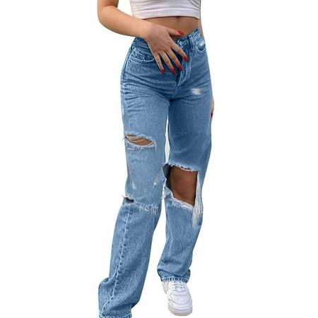 Lacyie Womens Ripped Jeans High Waisted Distressed Straight Denim Jeans Casual Loose Ladies Wideleg Vintage Trouser Stylish impart | Walmart (US)