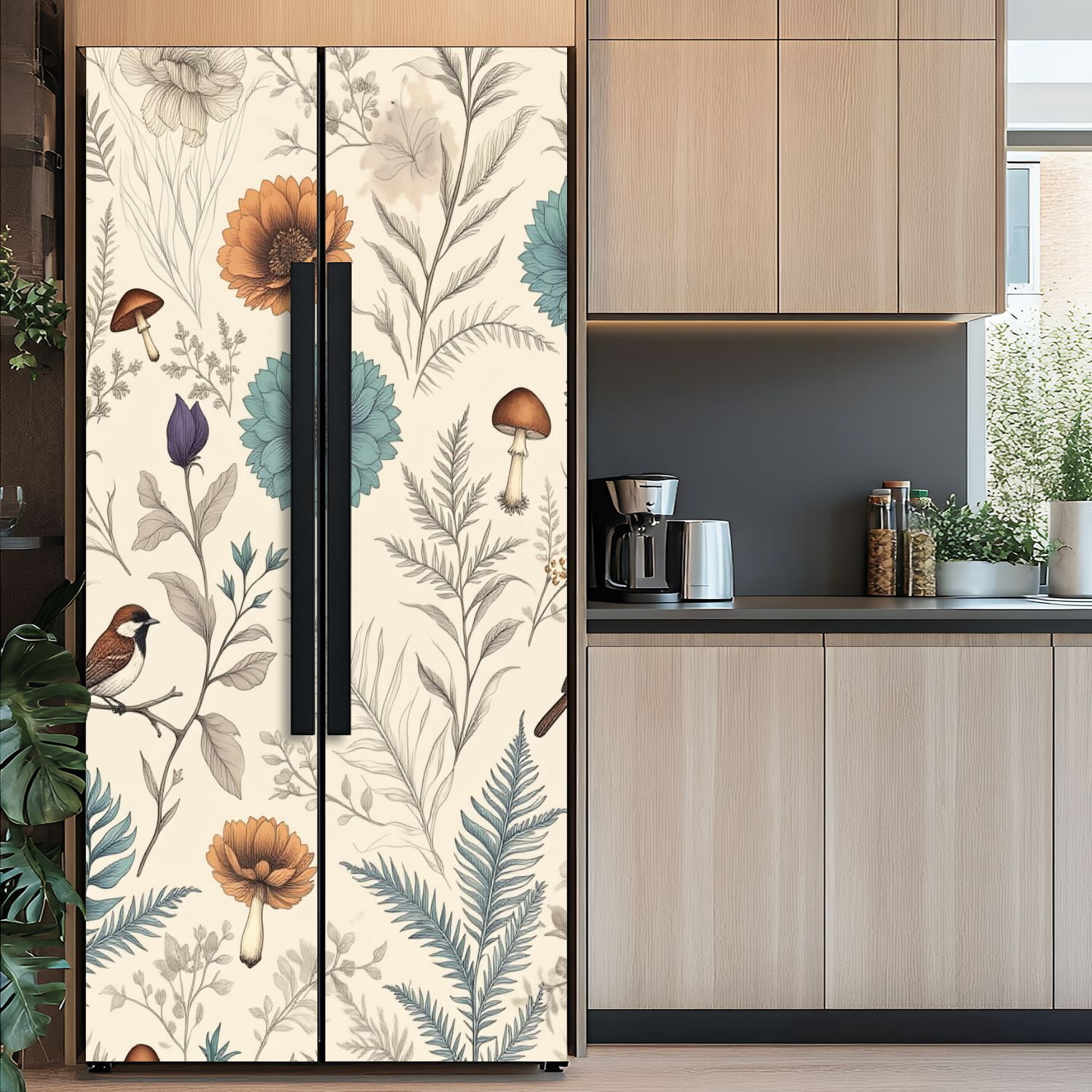 Self Adhesive Vinyl Refrigerator Wrap Set Botanical Floral Birds Mushrooms Muted Colors Door Mural Removable Fridge Sticker Peel and Stick&nbsp;Full Door Cover Decal Kitchen Bar Decor