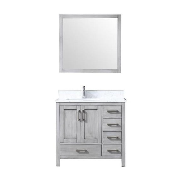 Jacques 36'' Distressed Grey Single Vanity White Carrara Marble Top White Square Sink and 34'' Mirror - Left Version