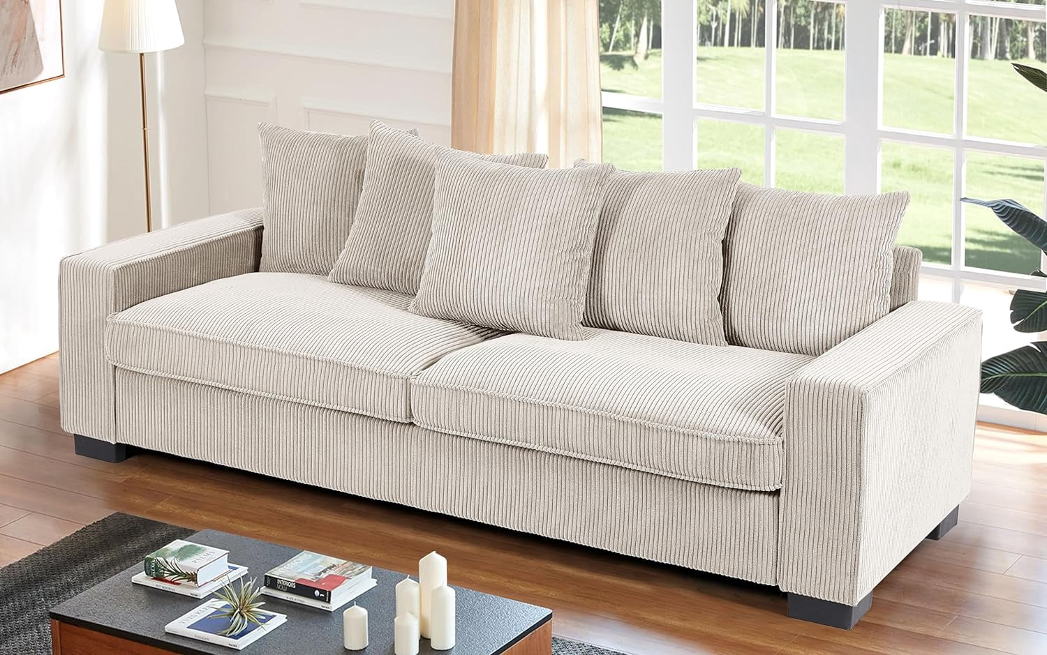 US Pride Furniture Luxe Corduroy Sofa with 5 Matching Toss Pillows Sleek Design Spacious and Comfortable 3 Seater Couch for Modern Living Room White