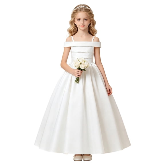 Rhuody Girls Dress Elegant Strapless Shoulder Formal Gown Sleeveless Flower Girl Dress Leisure Clothing