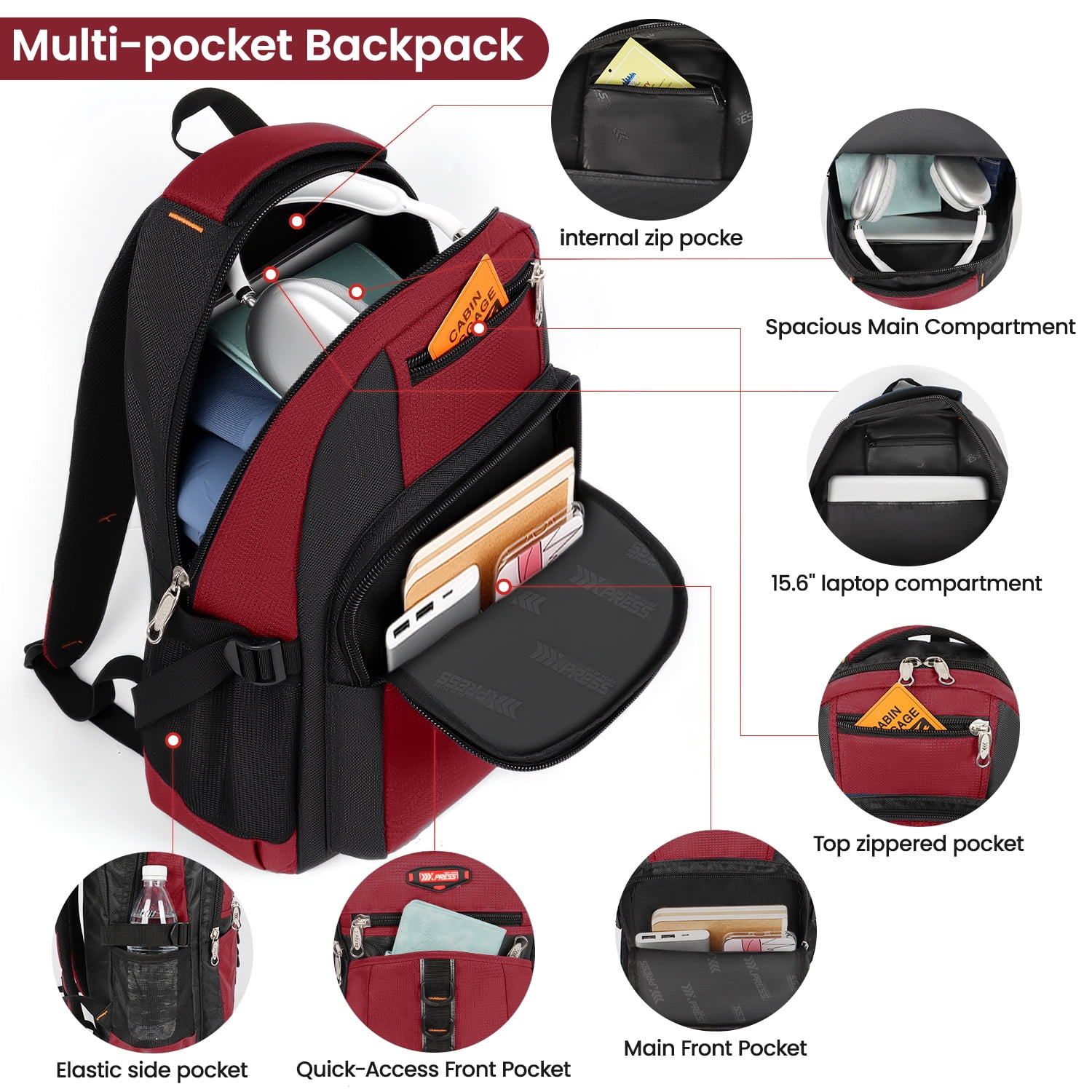 Travel Backpack for Men Women Water-resistant Multi-Pocket Bag Lighweight Casual Work Hiking Daypack School Bookbag, Red, BP8017