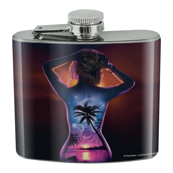 Tropical Sunset Paradise on Woman's Back Stainless Steel 5oz Hip Drink Kidney Flask